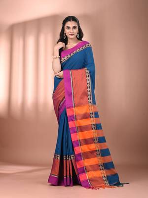 Sapphire blue cotton handspun soft saree with texture borders 1