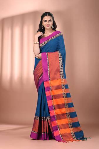 Sapphire blue cotton handspun soft saree with texture borders