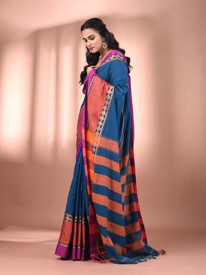 Sapphire blue cotton handspun soft saree with texture borders 2