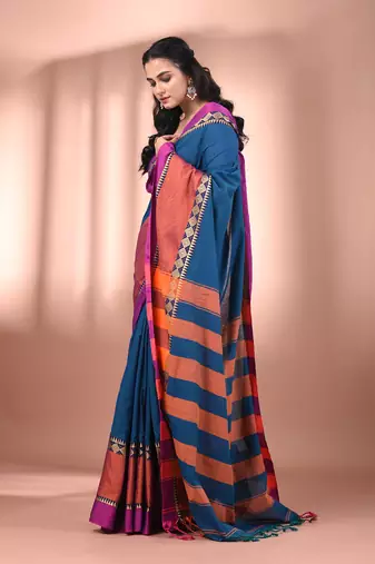 Sapphire blue cotton handspun soft saree with texture borders