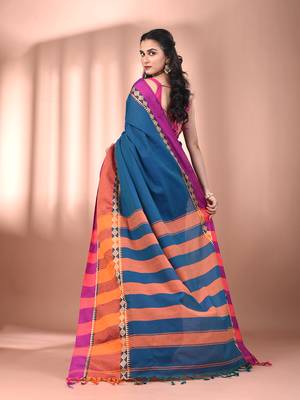 Sapphire blue cotton handspun soft saree with texture borders 3