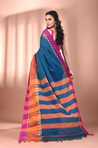 Sapphire blue cotton handspun soft saree with texture borders