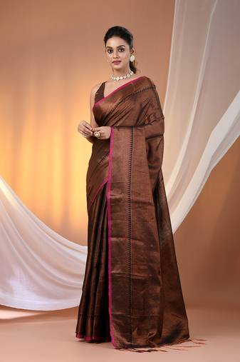 Copper and black tissue soft saree with zari borders