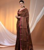 Copper and black tissue soft saree with zari borders