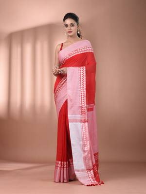 Red cotton handspun soft saree with texture borders 1