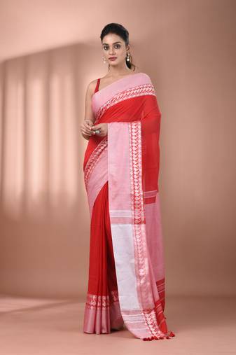 Red cotton handspun soft saree with texture borders