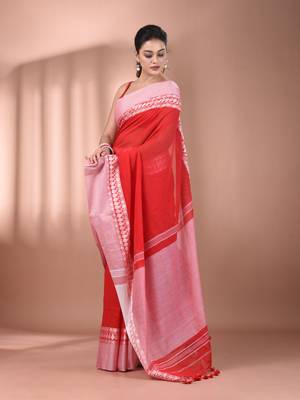 Red cotton handspun soft saree with texture borders 2