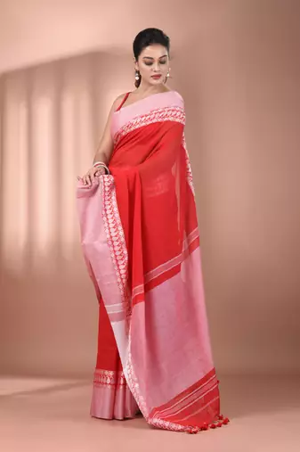 Red cotton handspun soft saree with texture borders