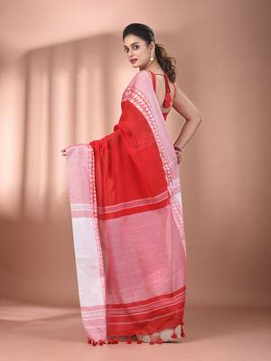 Red cotton handspun soft saree with texture borders 3