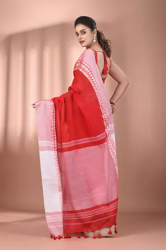 Red cotton handspun soft saree with texture borders