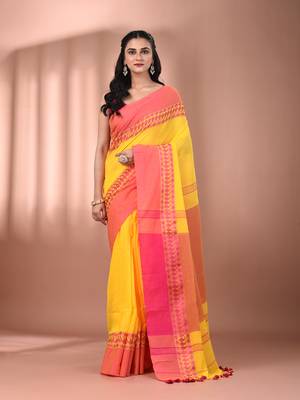Yellow cotton handspun soft saree with texture borders 1