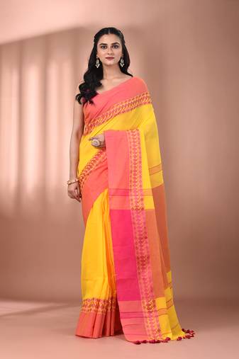 Yellow cotton handspun soft saree with texture borders