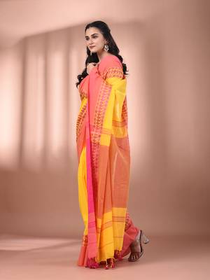 Yellow cotton handspun soft saree with texture borders 2
