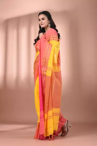 Yellow cotton handspun soft saree with texture borders