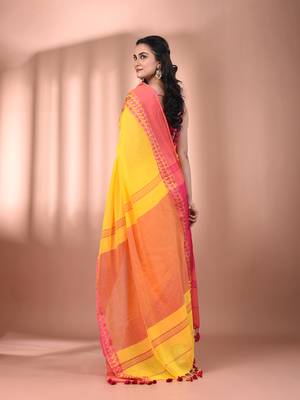 Yellow cotton handspun soft saree with texture borders 3