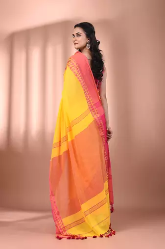 Yellow cotton handspun soft saree with texture borders
