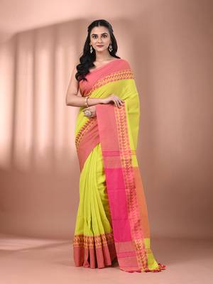 Lime green cotton handspun soft saree with texture borders 1