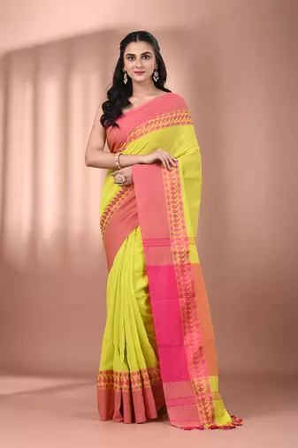 Lime green cotton handspun soft saree with texture borders