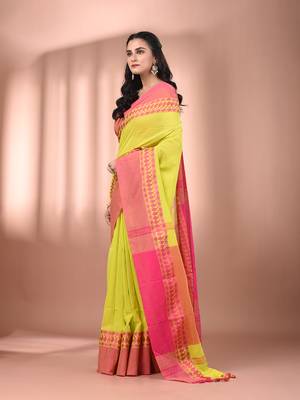 Lime green cotton handspun soft saree with texture borders 2