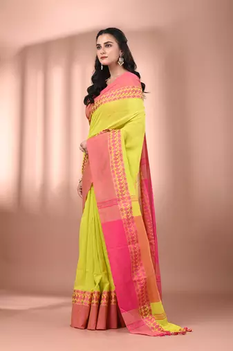 Lime green cotton handspun soft saree with texture borders