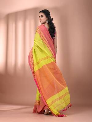 Lime green cotton handspun soft saree with texture borders 3