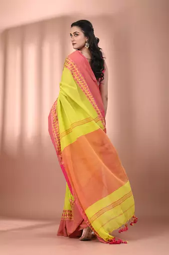 Lime green cotton handspun soft saree with texture borders