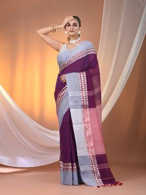 Purple cotton handspun soft saree with texture borders 1