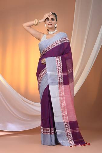 Purple cotton handspun soft saree with texture borders