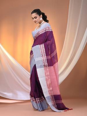 Purple cotton handspun soft saree with texture borders 2
