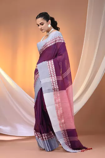 Purple cotton handspun soft saree with texture borders