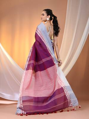 Purple cotton handspun soft saree with texture borders 3