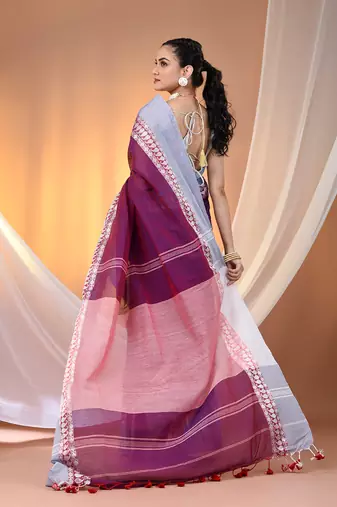 Purple cotton handspun soft saree with texture borders