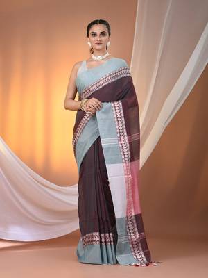 Maroon & teal dual tone cotton handspun soft saree with texture borders 1