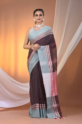 Maroon & teal dual tone cotton handspun soft saree with texture borders