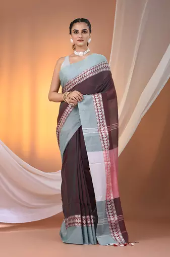 Maroon & teal dual tone cotton handspun soft saree with texture borders