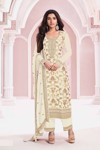 White embroidered pure jacquard viscos semi-pakistani salwar suit