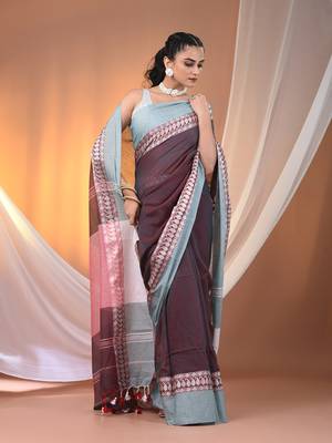 Maroon & teal dual tone cotton handspun soft saree with texture borders 2