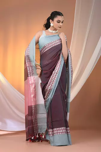 Maroon & teal dual tone cotton handspun soft saree with texture borders