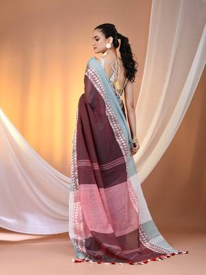 Maroon & teal dual tone cotton handspun soft saree with texture borders 3