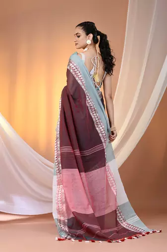 Maroon & teal dual tone cotton handspun soft saree with texture borders