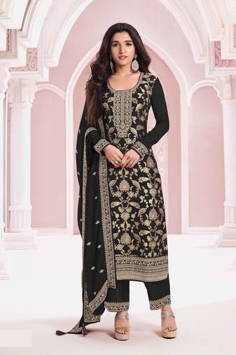 Black embroidered pure jacquard viscos semi-pakistani salwar suit