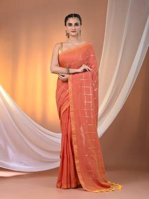 Peach cotton handspun soft saree with sequined work 1