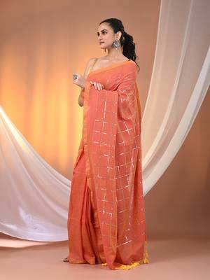 Peach cotton handspun soft saree with sequined work 2