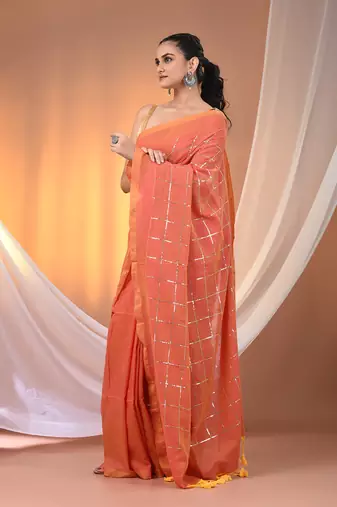 Peach cotton handspun soft saree with sequined work