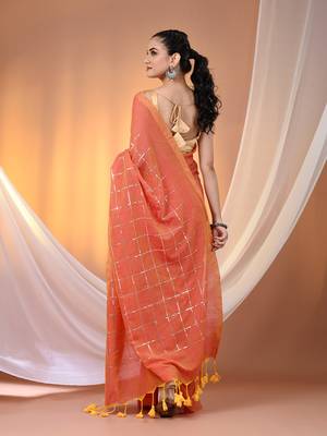 Peach cotton handspun soft saree with sequined work 3