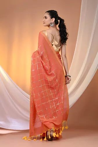 Peach cotton handspun soft saree with sequined work