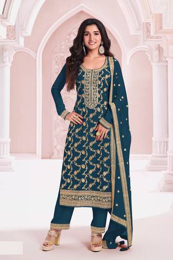 Blue embroidered pure jacquard viscos semi-pakistani salwar suit
