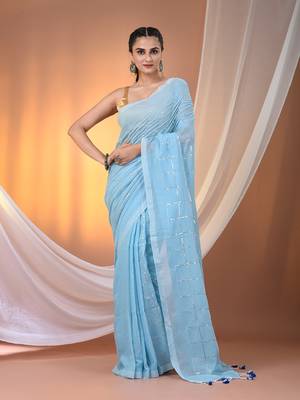 Sky blue cotton handspun soft saree with sequined work 1