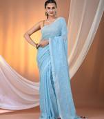 Sky blue cotton handspun soft saree with sequined work