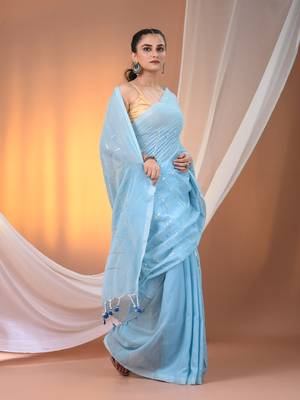 Sky blue cotton handspun soft saree with sequined work 2
